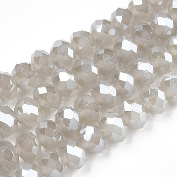 Electroplate Glass Beads Strands, Imitation Jade Beads, Pearl Luster Plated, Faceted, Rondelle, Silver, 8x6mm, Hole: 1mm, about 65~68pcs/strand, 15.7~16.1 inch(40~41cm)