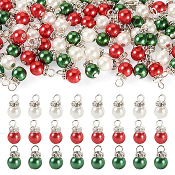 72Pcs 3 Colors Baking Paint Pearlized Glass Pearl Beads Pendants, Round, with Silver Brass Crystal Rhinestone Beads and Iron Loop, Mixed Color, 13~13.5x8mm, Hole: 2.5mm, 3pcs/color
