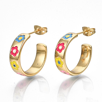 Brass Enamel Stud Earrings, Half Hoop Earrings, with Ear Nuts, Nickel Free, Ring with Flower, Real 16K Gold Plated, Colorful, 20x6mm, Pin: 0.8mm