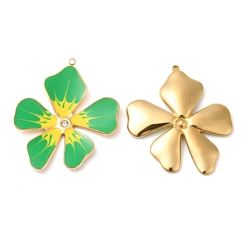 304 Stainless Steel Enamel Pendants, with Rhinestones, Real 18K Gold Plated, Flower Charm, Lime Green, 37.5x33x3mm, Hole: 1.4mm