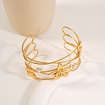 304 Stainless Steel & Plastic Pearl Cuff Bangles, Multi-strand Bangles for Women, Butterfly & Flower, Golden, Inner Diameter: 2.80 inch(7.1cm)(BJEW-H641-05G)