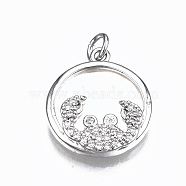 Brass Micro Pave Clear Cubic Zirconia Pendants, with Shell and Jump Rings, Cadmium Free & Nickel Free & Lead Free, Flat Round with Crab, Real Platinum Plated, 18x15x3mm, Jump Ring: 5x0.8mm, 3.4mm inner diameter(ZIRC-S067-035P-NR)