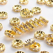Brass Rhinestone Spacer Beads, Beads, Grade B, Clear, Golden Metal Color, Size: about 10mm in diameter, 4mm thick, hole: 2mm(RSB033-B01G)