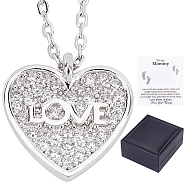 CREATCABIN Rhodium Plated 925 Sterling Silver Pendant Necklace, Clear Cubic Zirconia Double Heart with Love Word Pendant Necklace with Card for Mom, Platinum, 17.71~19.68 inch(45~50cm)(SJEW-CN0001-01B)