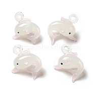 Handmade Lampwork Pendants, Dolphin Charms, Misty Rose, 30~31x24~25x13.5~16mm, Hole: 2~2.5mm(LAMP-G156-10A)