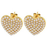 Heart Brass Stud Earrings, Plastic Imitation Pearl Earrings for Women, Real 18K Gold Plated, 16x15.5mm(EJEW-P275-04G)