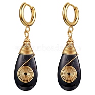 Natural Black Agate Teardrop with Spiral Dangle Hoop Earrings, Wire Wrap Drop Earrings with 316 Surgical Stainless Steel Pin for Women, Golden, 51mm, Pin: 1mm(EJEW-SW00011-20)