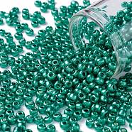 8/0 Glass Seed Beads, Metallic Colours Style, Round, Dark Turquoise, 8/0, 3mm, Hole: 1mm, about 10000pcs/pound(SEED-A017-3mm-1118)