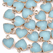 Electroplate Druzy Resin Pendants, with Iron Findings, Heart, Light Gold, Pale Turquoise, 15x12x3.5~4mm, Hole: 1mm(RESI-S366-01D)