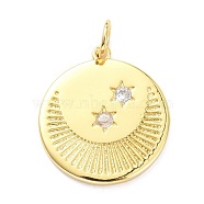 Brass Micro Pave Clear Cubic Zirconia Pendants, with Jump Ring, Long-Lasting Plated, Flat Round with Moon & Star, Real 18K Gold Plated, 22x20x2mm, Jump Ring: 6x1mm, 4mm Inner Diameter(X-ZIRC-L091-104G)