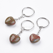 Natural Unakite Keychain, with Platinum Iron Findings, Heart, 72mm(KEYC-F019-02I)
