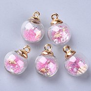 Transparent Glass Globe Pendants, with Resin & Resin Rhinestone & Conch Shell & Glass Micro Beads inside, Plastic CCB Pendant Bails, Round, Golden, Pearl Pink, 21.5x16mm, Hole: 2mm(X-GLAA-S181-06A)