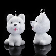 Opaque Resin Pendants, with Platinum Tone Iron Loops, Flocky Dog Charms, White, 34x20~21x21.5mm, Hole: 2.5mm(RESI-T053-19)