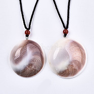Natural Shell Fossil Pendant Necklaces, Slider Necklaces, with Random Color Polyester Cords, Flat Round, 26~29.9 inch(66~76cm)(NJEW-S421-003)