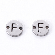 201 Stainless Steel Links, Laser Cut, Flat Round with Letter, Letter.F, 6x6x1mm, Hole: 0.8mm(STAS-R112-01F)
