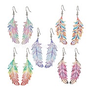 201 Stainless Steel Feather Dangle Earrings, Brass Jewelry, Mixed Color, 63x16mm(EJEW-JE05265)