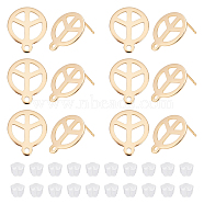30Pcs 201 Stainless Steel Stud Earring Findings, with Horizontal Loop and 316 Stainless Steel Pin, 50Pcs Plastic Ear Nuts, Flat Round with Peace Sign, Golden, 15x12mm, Hole: 1.4mm, Pin: 0.7mm(STAS-UN0038-74)
