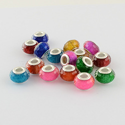 Large Hole Resin European Beads, with Silver Color Plated Brass Double Cores, Faceted Rondelle, Mixed Color, 14x9mm, Hole: 5mm(OPDL-R118-M1)