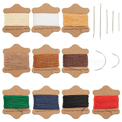 Elite 10 Cards 10 Colors Round Waxed Nylon Cord Sets, with 1 Set Fine Carbon Steel Materials Leather Needles, Mixed Color, Cord: about 0.55mm thick, about 21.87 yards(20m)/card, 1 card/color; Needle: 4.5~9x1~1.5mm(YC-PH0002-42)