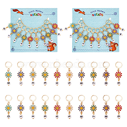 Alloy Enamel Pendant Locking Stitch Markers, 304 Stainless Steel Stitch Marker, Daisy & Acrylic Flat Round Number 0~9, Mixed Color, 4.5cm, 10pcs/set(HJEW-AB00143)