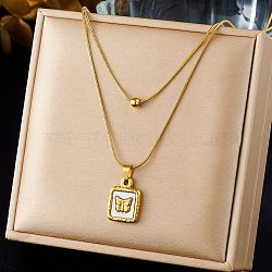 304 Stainless Steel with Natural White Shell Square Disc Pendant Double Layer Necklaces, Golden, Butterfly, 15.04 inch(38.2cm)(NJEW-K300-06A-G)