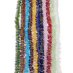 Electroplate Transparent Glass Beads Strands, Rainbow Plated, Triangle, Mixed Color, 9x15.5~16mm, Hole: 1mm, about 120pcs/strand, 24.57~25.67''(62.4~65.2cm)(EGLA-R114-01)