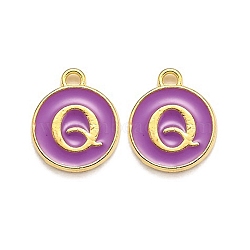 Golden Plated Alloy Enamel Charms, Enamelled Sequins, Flat Round with Alphabet, Letter.Q, Purple, 14x12x2mm, Hole: 1.5mm(ENAM-Q437-12Q)