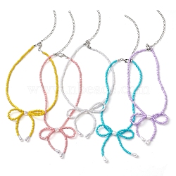 Bowknot 304 Stainless Steel Necklaces, Acrylic Bead Necklaces for Women, Mixed Color, 12.60~12.80 inch(32~32.5cm)(NJEW-JN04670)