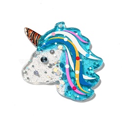 Transprent Acrylic Pendants, with Sequins, Unicorn Charm, Dark Turquoise, 39x41.5x2.5mm, Hole: 1.4mm(SACR-P016-C01)