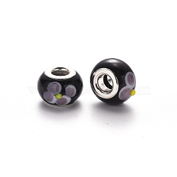 Handmade Lampwork European Beads, Bumpy, Large Hole Rondelle Beads, with Platinum Tone Brass Double Cores, Black, 17x14~15x9~10mm, Hole: 5mm(LPDL-N001-015-B11-A)