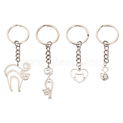 201 Stainless Steel Cat Keychains, with Iron Split Key Rings, Stainless Steel Color, 7.1~9.4cm, 4 style, 1pc/style, 4pcs/set(KEYC-TAC00008)