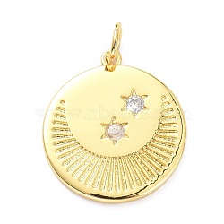 Brass Micro Pave Clear Cubic Zirconia Pendants, with Jump Ring, Long-Lasting Plated, Flat Round with Moon & Star, Real 18K Gold Plated, 22x20x2mm, Jump Ring: 6x1mm, 4mm Inner Diameter(X-ZIRC-L091-104G)