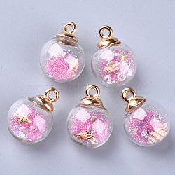 Transparent Glass Globe Pendants, with Resin & Resin Rhinestone & Conch Shell & Glass Micro Beads inside, Plastic CCB Pendant Bails, Round, Golden, Pearl Pink, 21.5x16mm, Hole: 2mm(X-GLAA-S181-06A)
