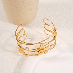 304 Stainless Steel & Plastic Pearl Cuff Bangles, Multi-strand Bangles for Women, Butterfly & Flower, Golden, Inner Diameter: 2.80 inch(7.1cm)(BJEW-H641-05G)