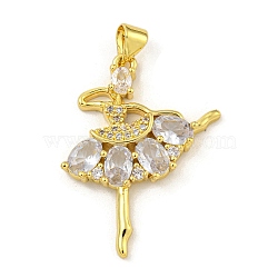 Rack Plating Brass Micro Pave Cubic Zirconia Pendants, Cadmium Free & Lead Free, Long-Lasting Plated, Real 18K Gold Plated, Ballet Dancer, Clear, 30.5x20.5x4mm, Hole: 3.5x5mm(KK-G513-94G-02)