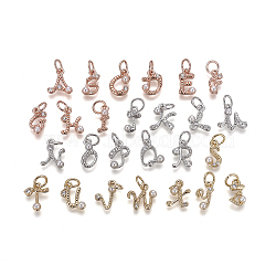 Brass Charms, with Cubic Zirconia and Shell Pearl Bead, Mixed Letters, Mixed Color, Clear, 9.5~11x3.5~10.8x3~3.5mm, Hole: 3.5mm(KK-L179-08)