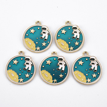 Rack Plating Alloy Enamel Pendants, Cadmium Free & Nickel Free & Lead Free, Flat Round with Spaceman, Light Gold, Cadet Blue, 29x24.5x1mm, Hole: 1mm