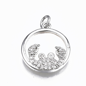 Brass Micro Pave Clear Cubic Zirconia Pendants, with Shell and Jump Rings, Cadmium Free & Nickel Free & Lead Free, Flat Round with Crab, Real Platinum Plated, 18x15x3mm, Jump Ring: 5x0.8mm, 3.4mm inner diameter