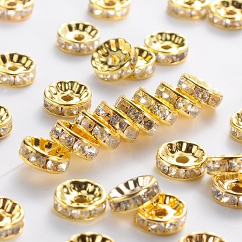 Brass Rhinestone Spacer Beads, Beads, Grade B, Clear, Golden Metal Color, Size: about 10mm in diameter, 4mm thick, hole: 2mm