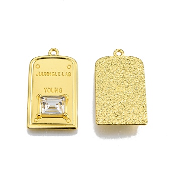 Rack Plating Alloy Pendants, with Crystal Rhinestone, Cadmium Free & Nickel Free & Lead Free, Rectangle with Word Juunngle Lab Young, Golden, 30x17x4mm, Hole: 1.6mm