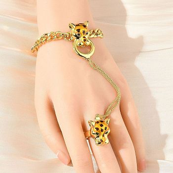 Brass Micro Pave Cubic Zirconia Mittens Bracelets, Curb Chains Jewelry for Women, Leopard, Real 18K Gold Plated, 170mm