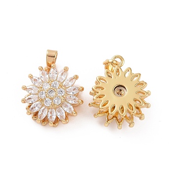 Rotatable Brass Micro Pave Clear Cubic Zirconia Pendants, Flower Charms, Real 18K Gold Plated, 17x15.5x7.4mm, Hole: 2.7x5mm