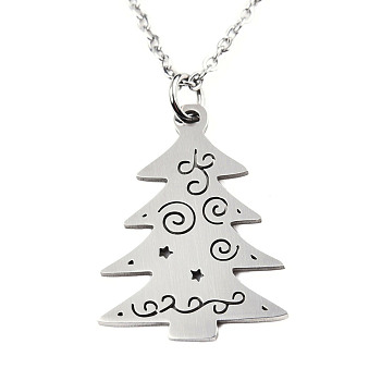 Christmas Theme, 201 Stainless Steel Pendant Necklaces, with Cable Chains and Lobster Claw Claspss, Christmas Tree, Stainless Steel Color, 17.71 inch(45cm), 1.5mm