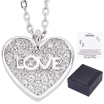 CREATCABIN Rhodium Plated 925 Sterling Silver Pendant Necklace, Clear Cubic Zirconia Double Heart with Love Word Pendant Necklace with Card for Mom, Platinum, 17.71~19.68 inch(45~50cm)
