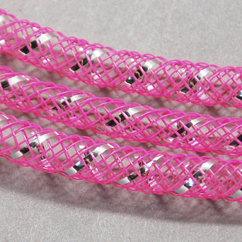 Mesh Tubing, Plastic Net Thread Cord, with Silver Vein, Hot Pink, 4mm, 50 yards/Bundle