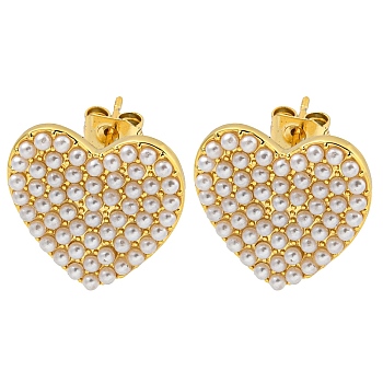 Heart Brass Stud Earrings, Plastic Imitation Pearl Earrings for Women, Real 18K Gold Plated, 16x15.5mm