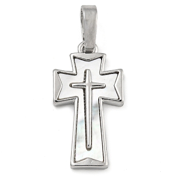 Brass Pendants with Shell, Cross, Platinum, 20x10.5x2.5mm, Hole: 3.5x6mm