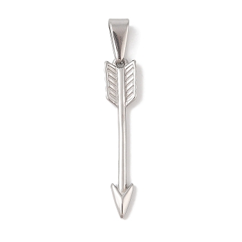 Non-Tarnish 304 Stainless Steel Pendants, Arrow Charm, Stainless Steel Color, 31.5x6.5x2.5mm, Hole: 7x3.5mm