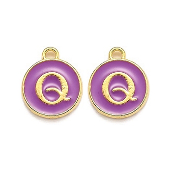 Golden Plated Alloy Enamel Charms, Enamelled Sequins, Flat Round with Alphabet, Letter.Q, Purple, 14x12x2mm, Hole: 1.5mm