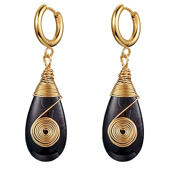 Natural Black Agate Teardrop with Spiral Dangle Hoop Earrings, Wire Wrap Drop Earrings with 316 Surgical Stainless Steel Pin for Women, Golden, 51mm, Pin: 1mm